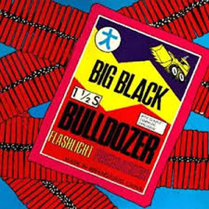 Vintage-style packaging of a flashlight with 'Big Black Bulldozer' branding on a red and blue striped background.