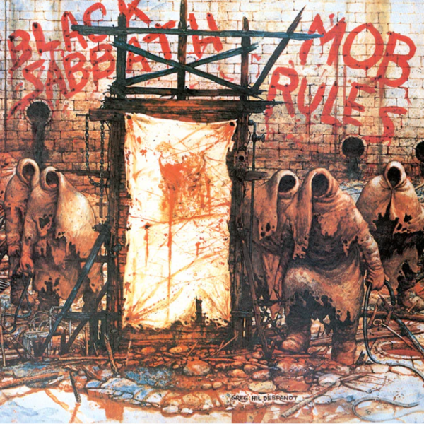 Album cover for Black Sabbath's 'Mob Rules' with industrial-themed artwork and text.