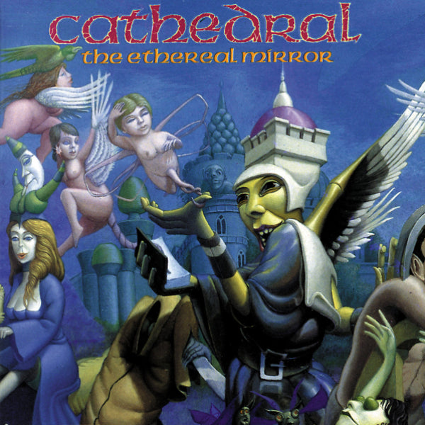 Album cover for 'Cathedral' featuring fantasy characters and architecture.