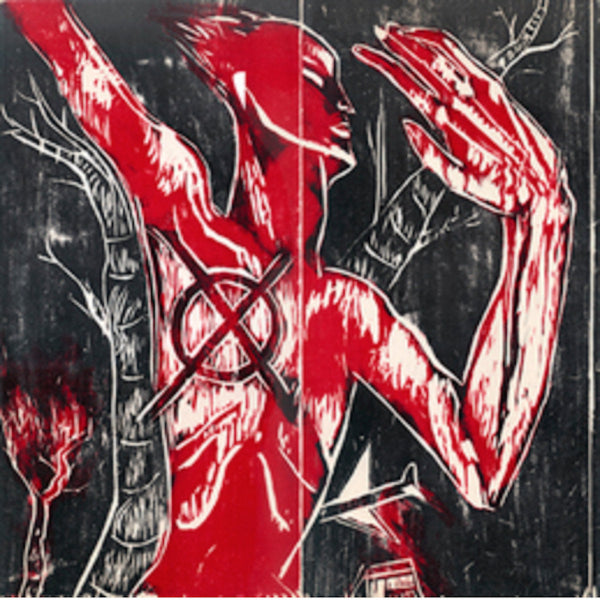 Artistic depiction of a figure with a red outline against a black background