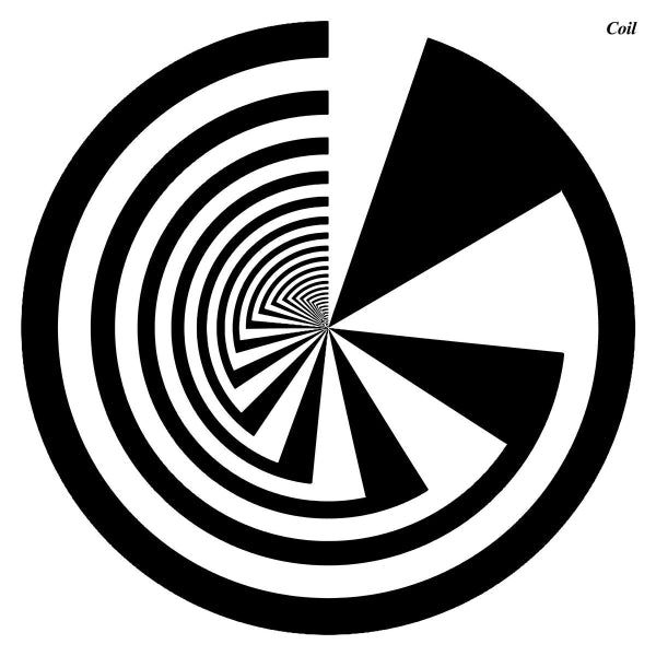 Black and white circular design with a central spiral, resembling a record label, on a white background.