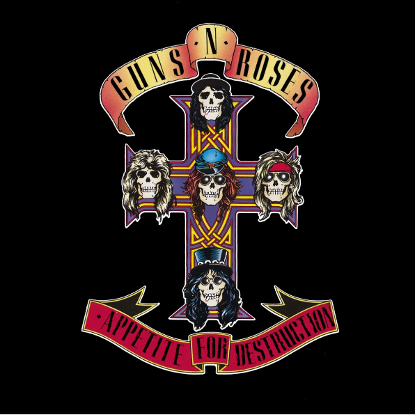 Guns N' Roses 'Appetite for Destruction' album cover with stylized cross and band members' faces.