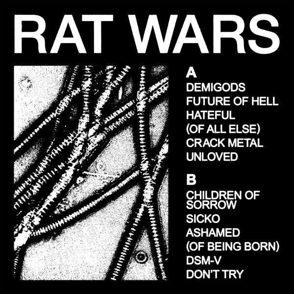 Album cover for 'Rat Wars' with text and black and white illustration of rats.