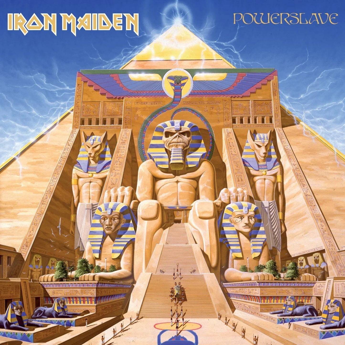 Album cover of Iron Maiden's 'Powerslave' featuring a pyramid and Egyptian-themed design.
