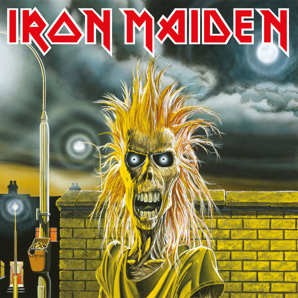 Album cover for Iron Maiden featuring a skeleton with spiky hair and a dark, moody sky.