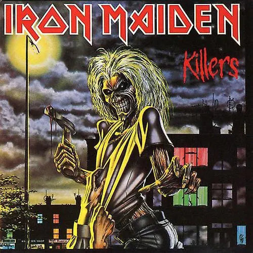 Album cover for Iron Maiden's 'Killers' featuring a skeleton in a yellow shirt and black leather jacket against a cityscape.
