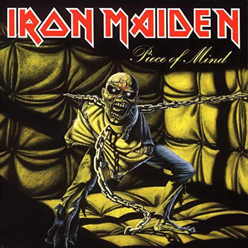 Album cover for Iron Maiden's 'Piece of Mind' featuring a chained figure in a padded cell