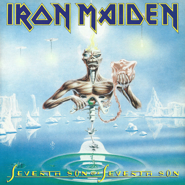 Album cover for Iron Maiden's 'Seventh Son of a Seventh Son' with a skeleton holding a candle.