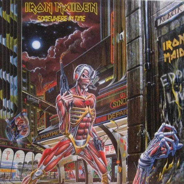 Album cover for 'Somewhere in Time' by Iron Maiden featuring a muscular figure with a gun.
