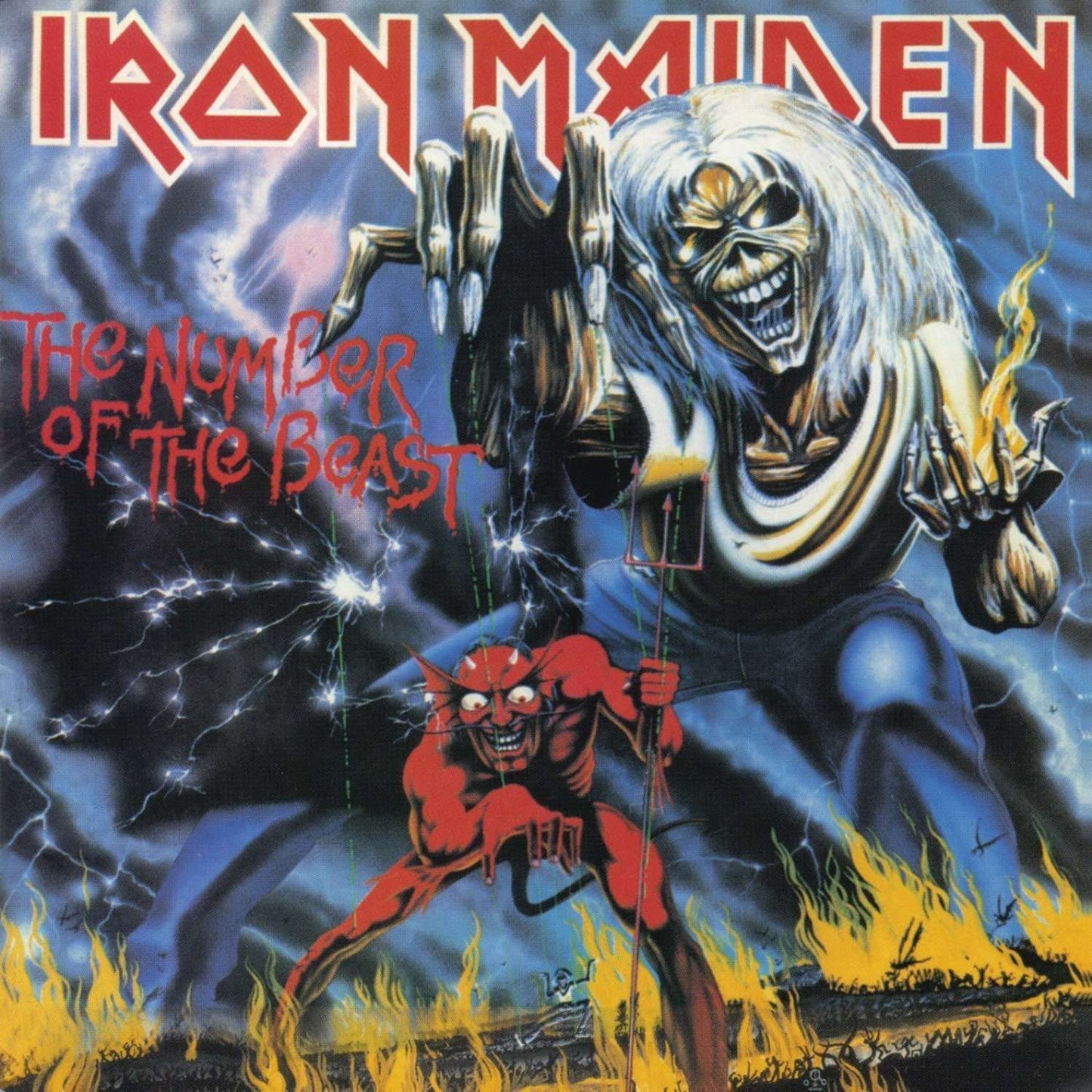Album cover for 'The Number of the Beast' by Iron Maiden featuring a skeleton and devil illustration.