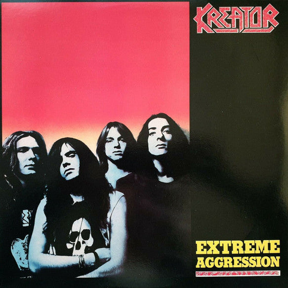 Album cover of Kreator with band members and 'Extreme Aggression' text on a red and black background