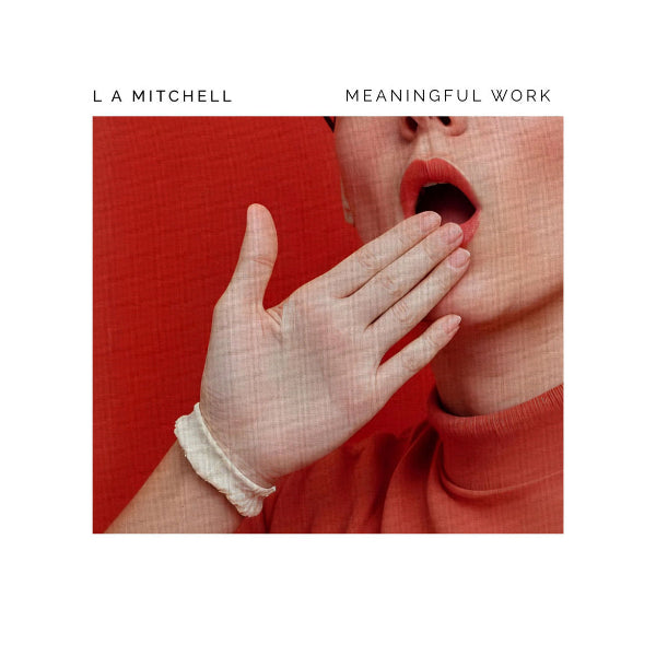 Album cover with a close-up of a hand covering a mouth against a red background, featuring the text 'L A MITCHELL' and 'MEANINGFUL WORK'.