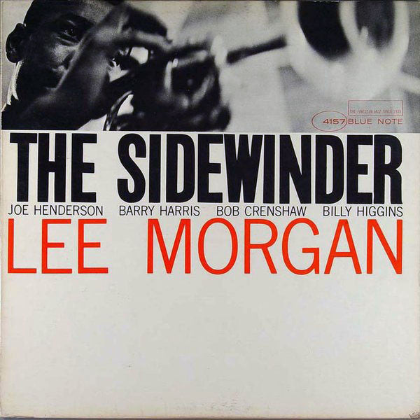 Album cover of 'The Sidewinder' by Lee Morgan featuring a black and white photo of a musician playing a saxophone.