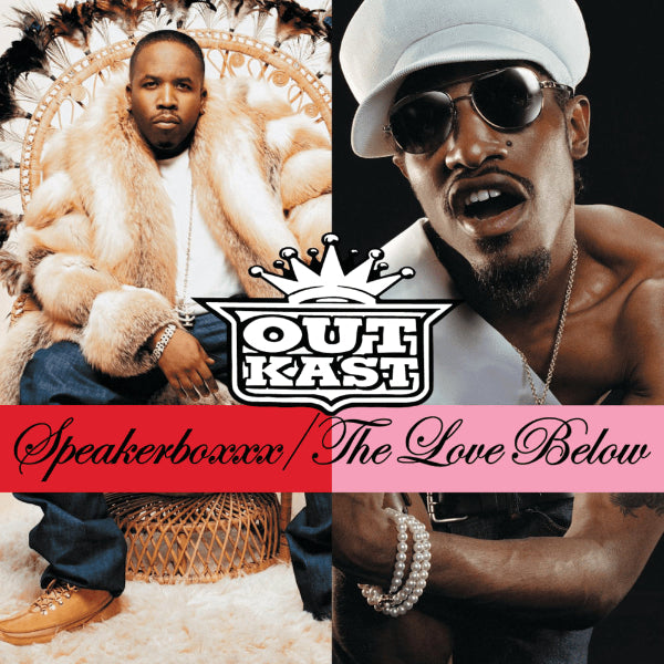 Promotional graphic for OutKast featuring two members and album title 'Speakerboxxx/The Love Below'.