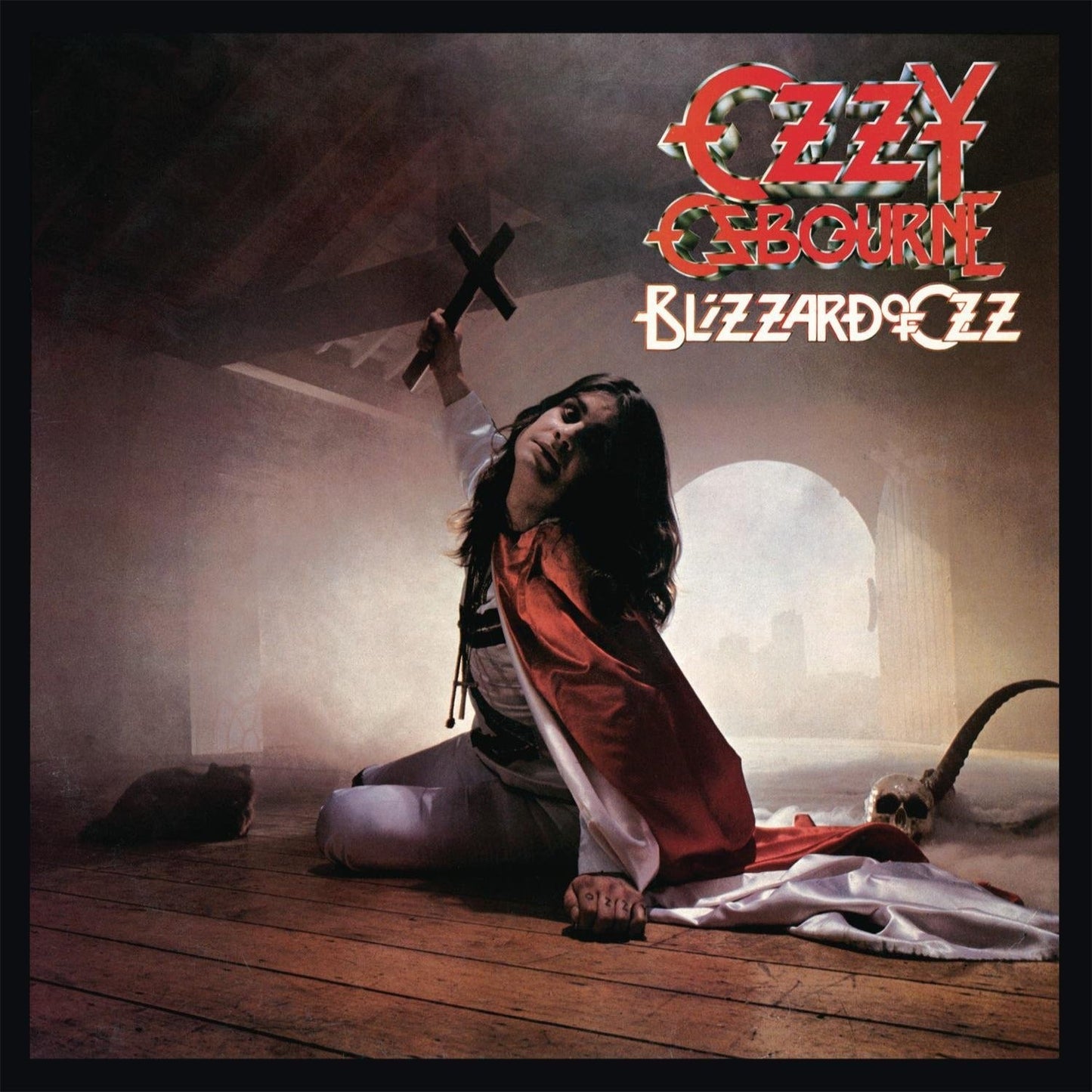 Album cover featuring a person in a red outfit holding a cross, with 'Ozzy Osbourne Blizzard of Ozz' text.