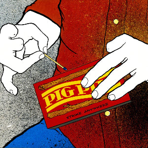 Illustration of a person lighting a match from a 'Pig Pen' matchbox with a small figure in the corner.
