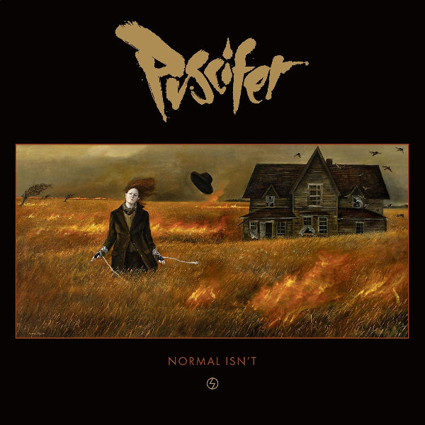 Album cover with a person holding a sword in a field, house in the background, and 'Puscifer' at the top.