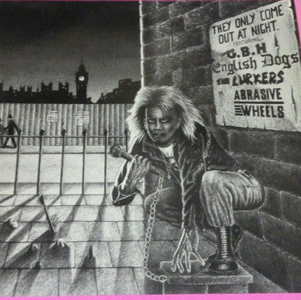 Vinyl record cover with a black and white illustration of a person leaning against a wall, with text and a cityscape in the background.