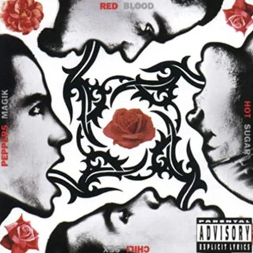 Album cover with faces and red roses, featuring a central decorative design.