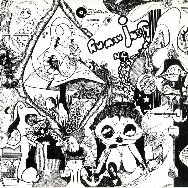 Black and white illustration with various characters and abstract elements, featuring the text 'Romy & the Mic'.