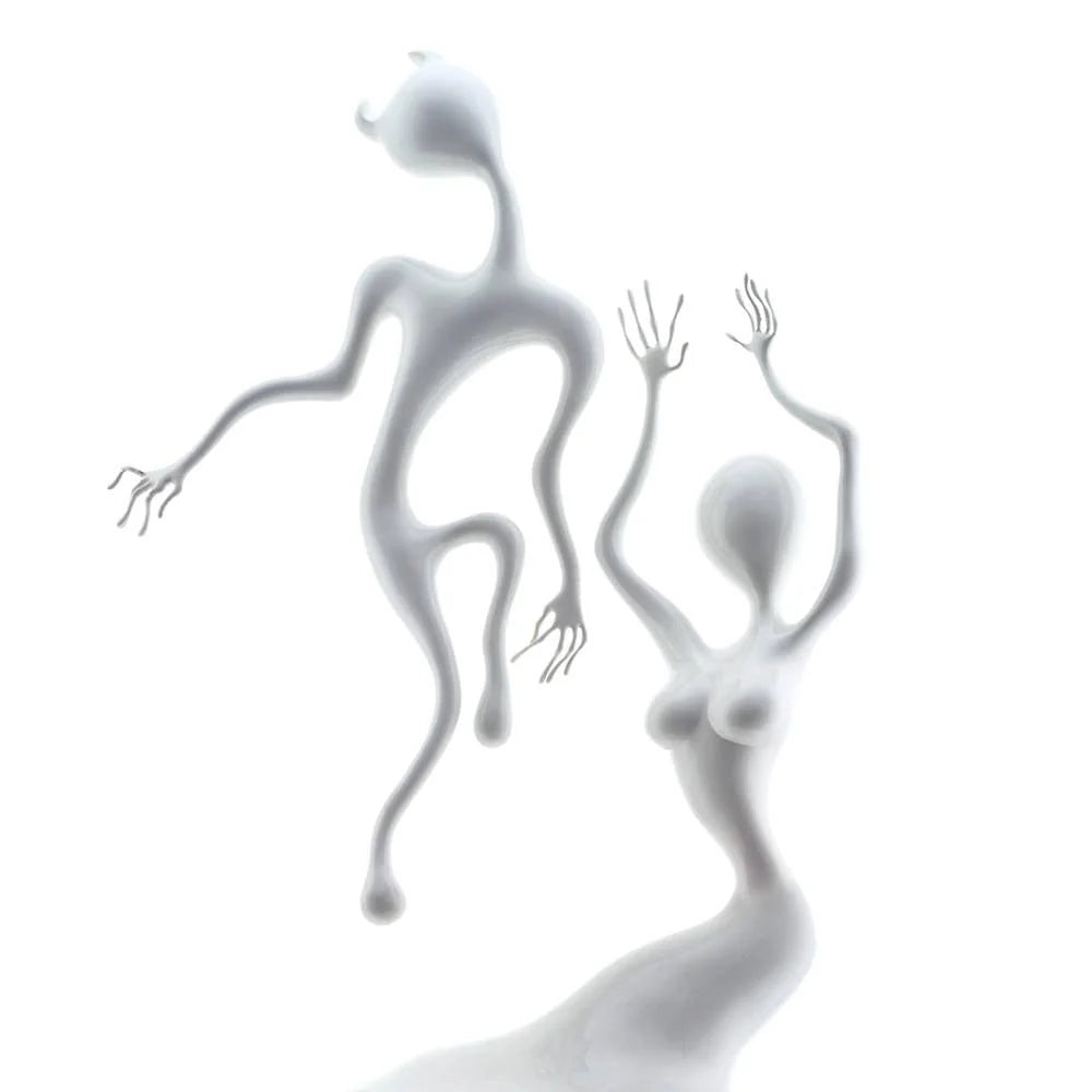 Abstract white sculptures of human figures on a light gray background