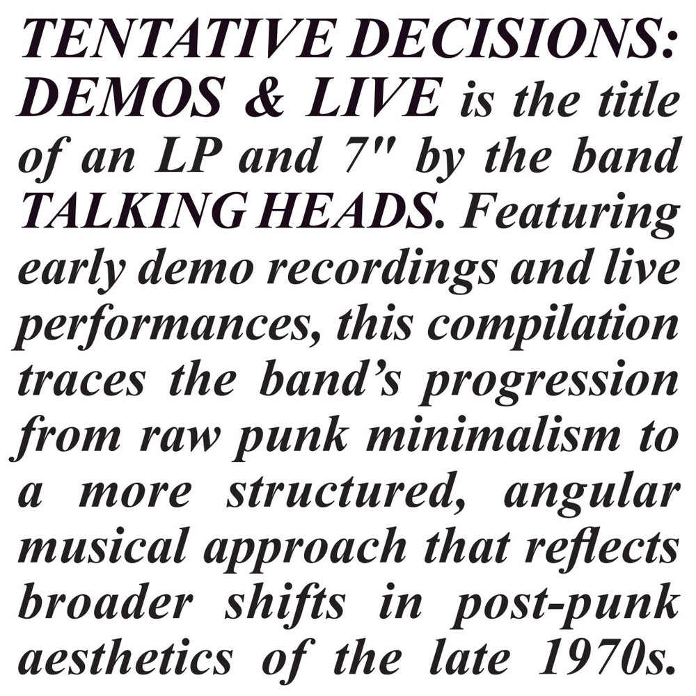Talking Heads - Tentative Decisions 1974-1976 (Black Friday '25)