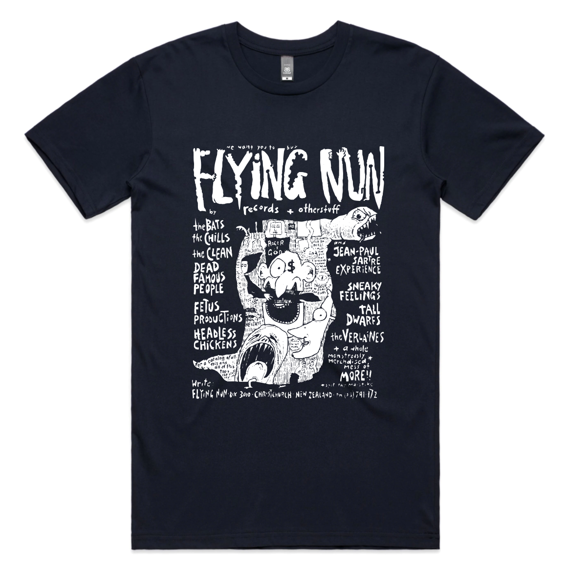 
                  
                    Flying Nun 80s Advert T-Shirt - Chris Knox I NZ Music & Band Merch
                  
                