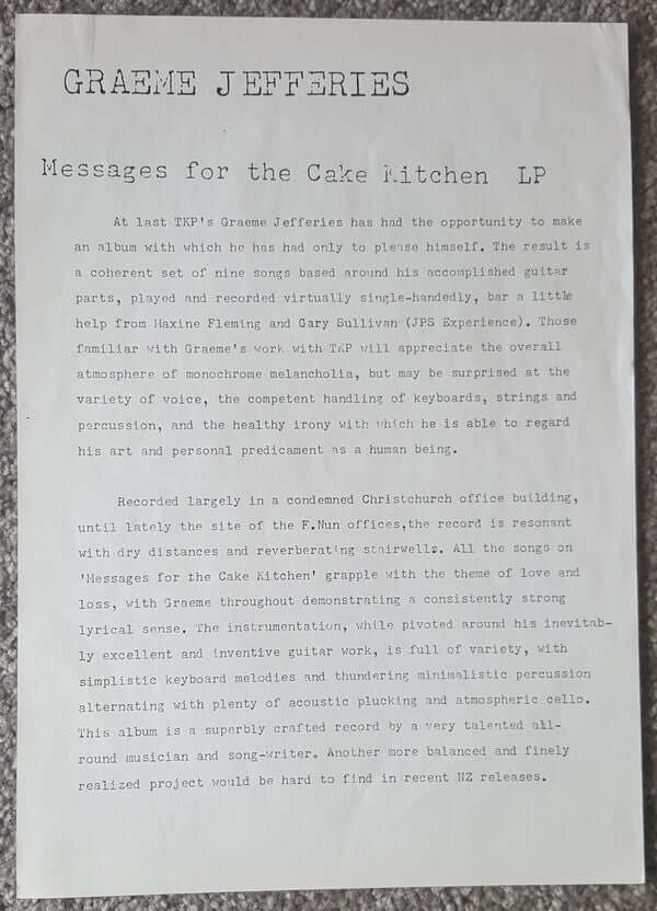 
                  
                    Graeme Jefferies - Messages For The Cakekitchen - Flying Nun  | Vinyl | CD
                  
                